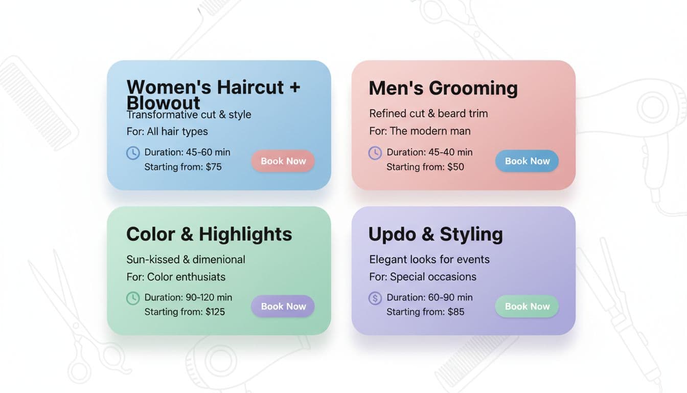 Hair salon service cards example grid