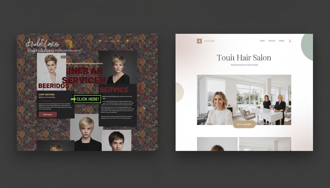Split-screen comparison of cluttered outdated hair salon website design on the left versus clean modern premium design on the right.