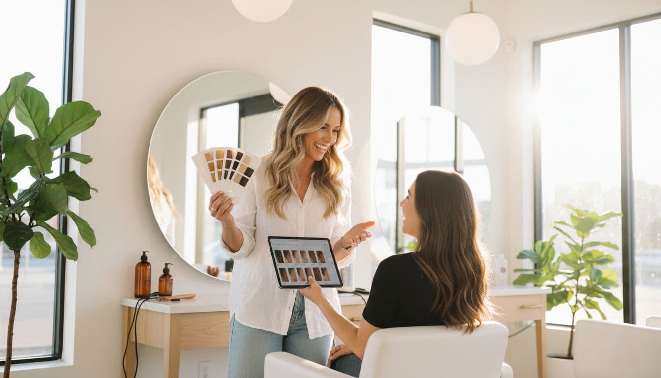 A friendly female hairstylist with beachy waves hair consults with a new female client in a bright, modern California-style salon, holding hair swatches and pointing to hair color options on a tablet amid warm natural light.
