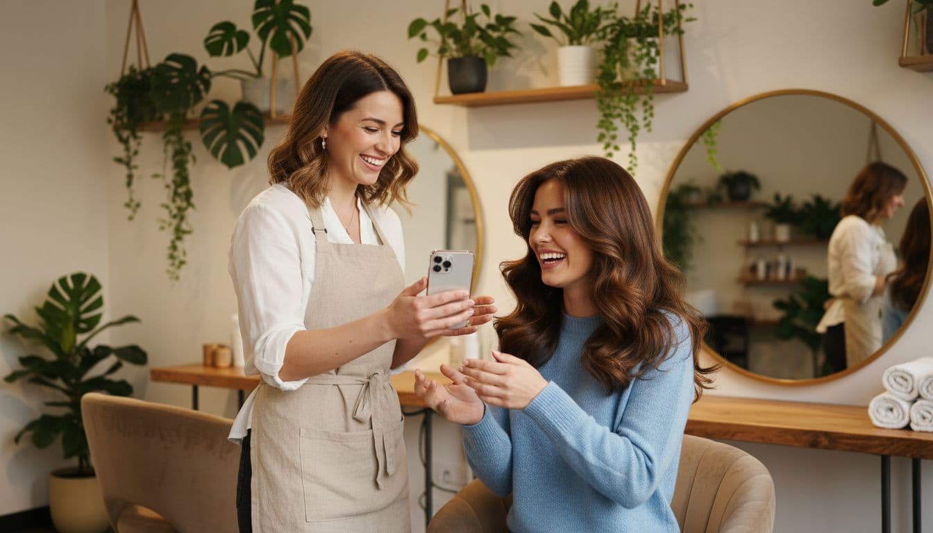 A cheerful hairstylist in a modern salon hands a smartphone to a happy female client featuring a fresh blowout hairstyle, both smiling under warm lighting in a cozy background with plants and mirrors.