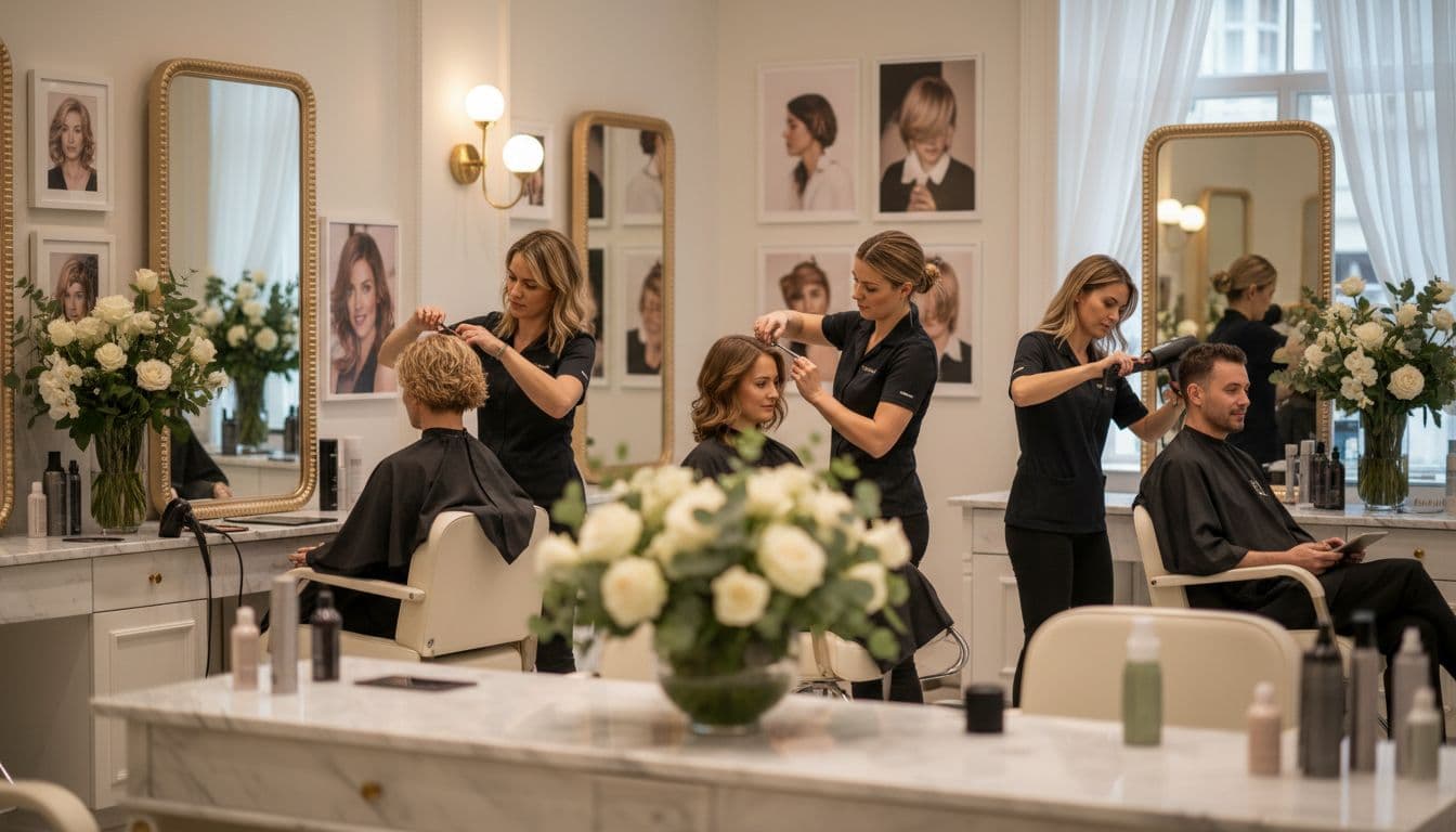 Elegant hair salon interior on a busy yet calm day, featuring stylists creating balayage and cuts for high-end clients amid marble counters, fresh flowers, and soft lighting.