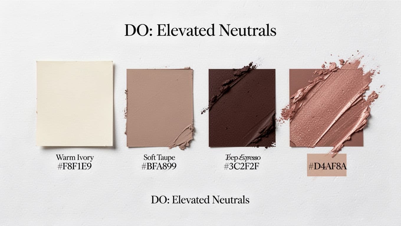 Clean editorial flat-lay infographic panel for luxury beauty branding, featuring curated DO color palette swatches in warm ivory #F8F1E9, soft taupe #BFA899, deep espresso #3C2F2F, and muted rose-gold #D4AF8A accent.