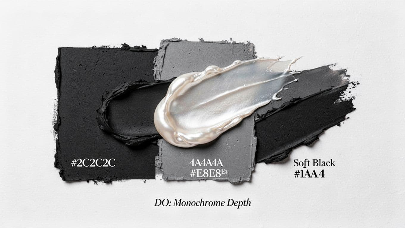 Clean editorial flat-lay infographic panel featuring a curated DO monochrome color palette with layered charcoals, mid-gray, satin pearl, and soft black for luxury beauty branding. High-end minimalist design with ample white space, subtle paper texture, and elegant hex labels.