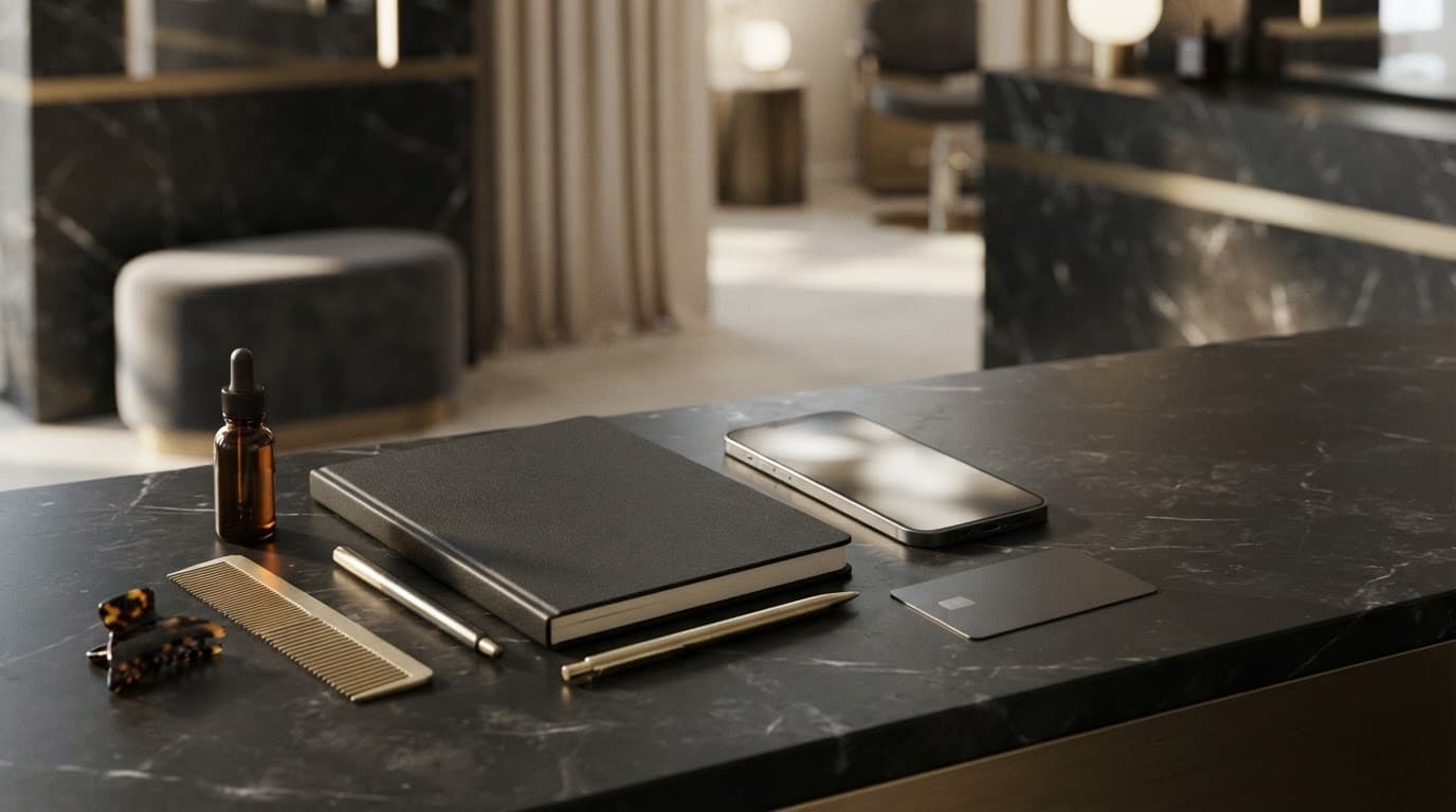 Salon notebook, angled phone, payment card, and styling tools on a marble counter.