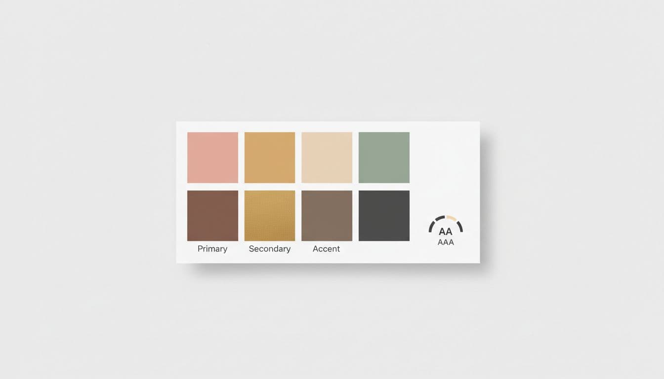 Clean minimalist flat vector illustration of a color palette board with soft beauty tones like blush pink, warm gold, creamy beige, deep taupe, fresh white, sage green, and charcoal, featuring labels and AA/AAA contrast compliance badge.