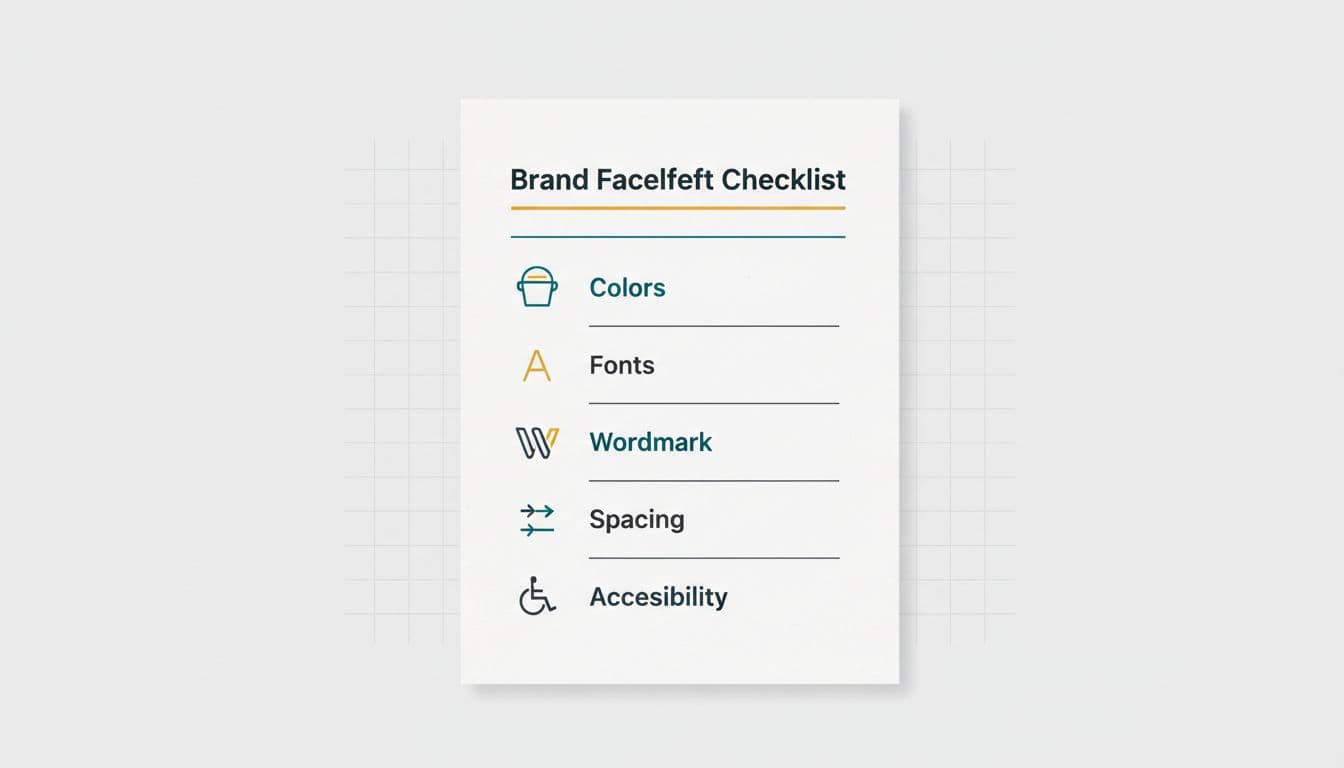 Clean, minimalist flat vector illustration of a one-page brand facelift checklist with empty checkboxes and simple line icons for Colors, Fonts, Wordmark, Spacing, and Accessibility on a neutral light gray background with faint grid lines.