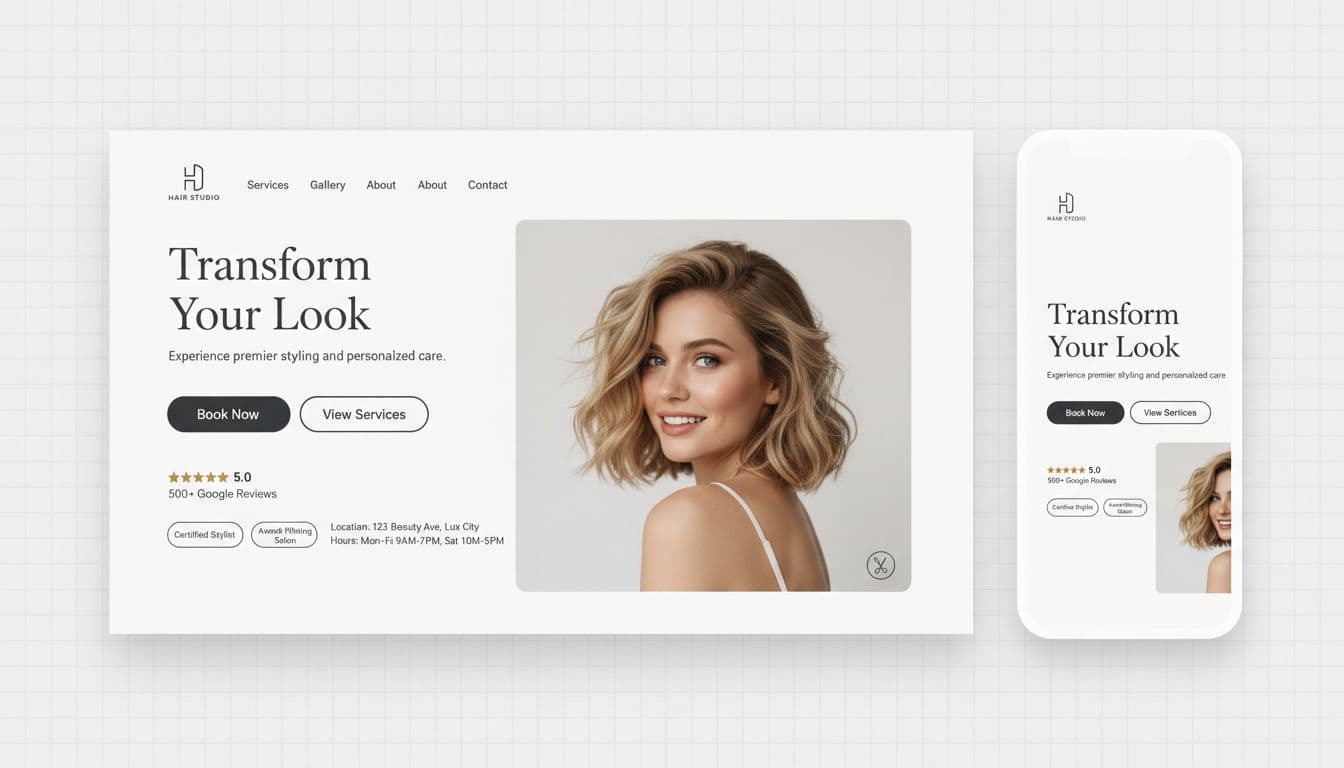 Clean, modern above-the-fold hero section mockup for a hair stylist salon website in 2026 minimalist UI/UX trends with whitespace, neutral palette, CTAs, trust signals, and stylish hair photo placeholder. Crisp 16:9 desktop screenshot with subtle grid and side mobile preview using generic placeholders.