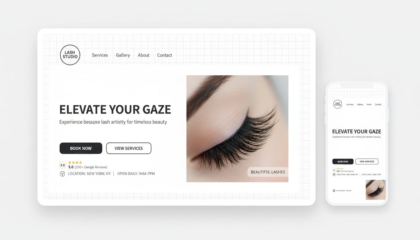 Clean, modern above-the-fold hero section mockup for a lash studio in 16:9 desktop format with mobile preview, featuring minimalist UI/UX, whitespace, neutral palette, CTAs, trust signals, and lash photo placeholder.