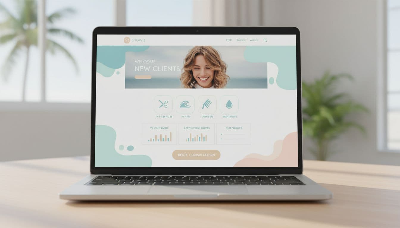A clean modern laptop screen shows a hair salon new client webpage with minimalist Showit-style design, soft pastel colors, beachy aesthetic, hero section, services, pricing, policies, and book button.