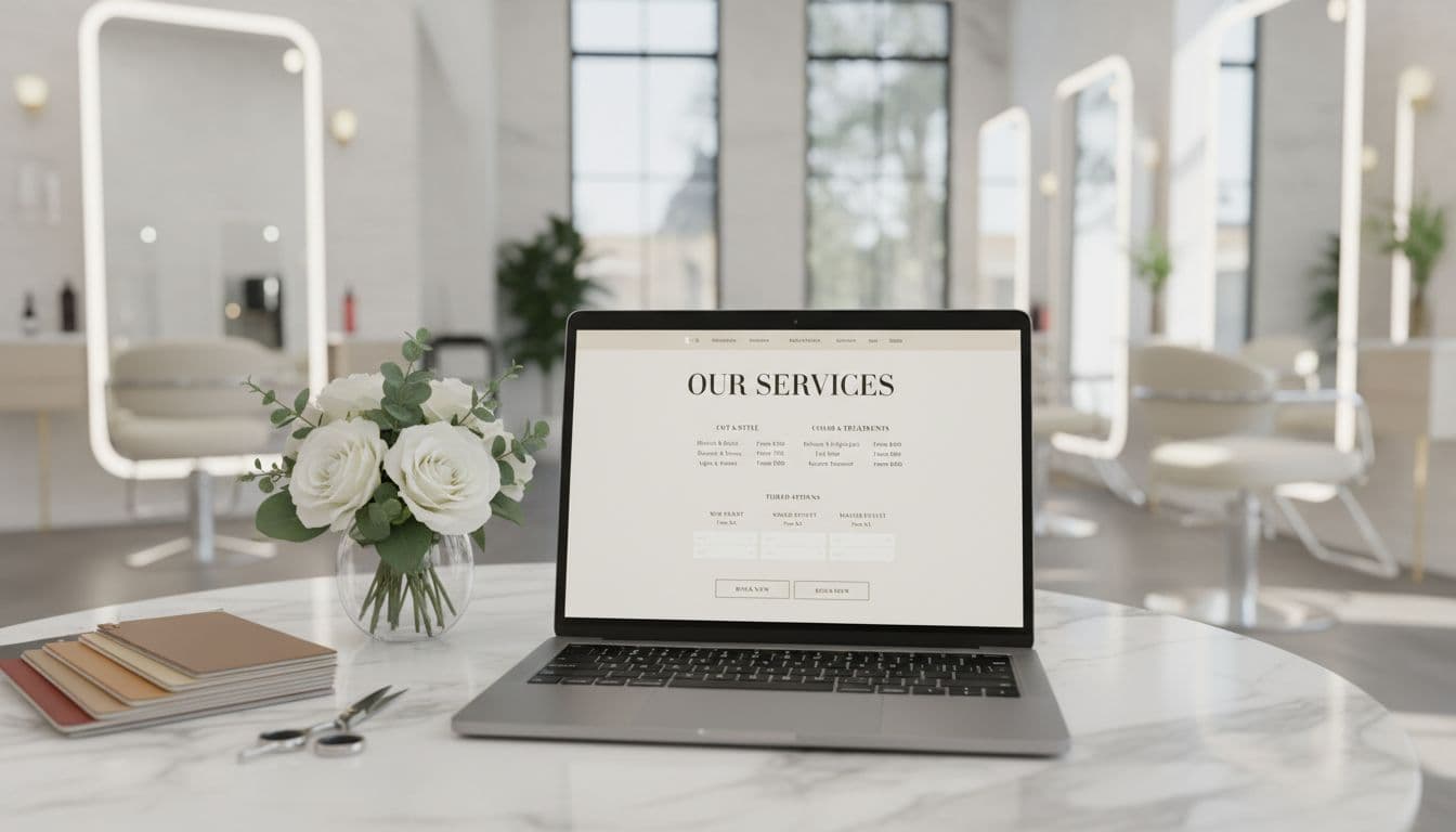A realistic laptop screen mockup displays a clean, modern hair salon pricing page featuring service tiers from $150, FAQs, and book now buttons in premium beige and gold tones with elegant fonts and ample white space. The laptop sits on a marble desk with fresh flowers, scissors, and color swatches, against a blurred upscale salon interior with natural light.