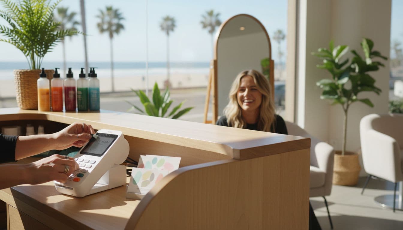 A modern hair salon reception desk features a hairstylist's hands processing a credit card deposit on a small machine, with colorful hair dye bottles and appointment cards in soft focus background, and a smiling client nearby, capturing a California beachy vibe with plants and natural wood under vibrant daylight.