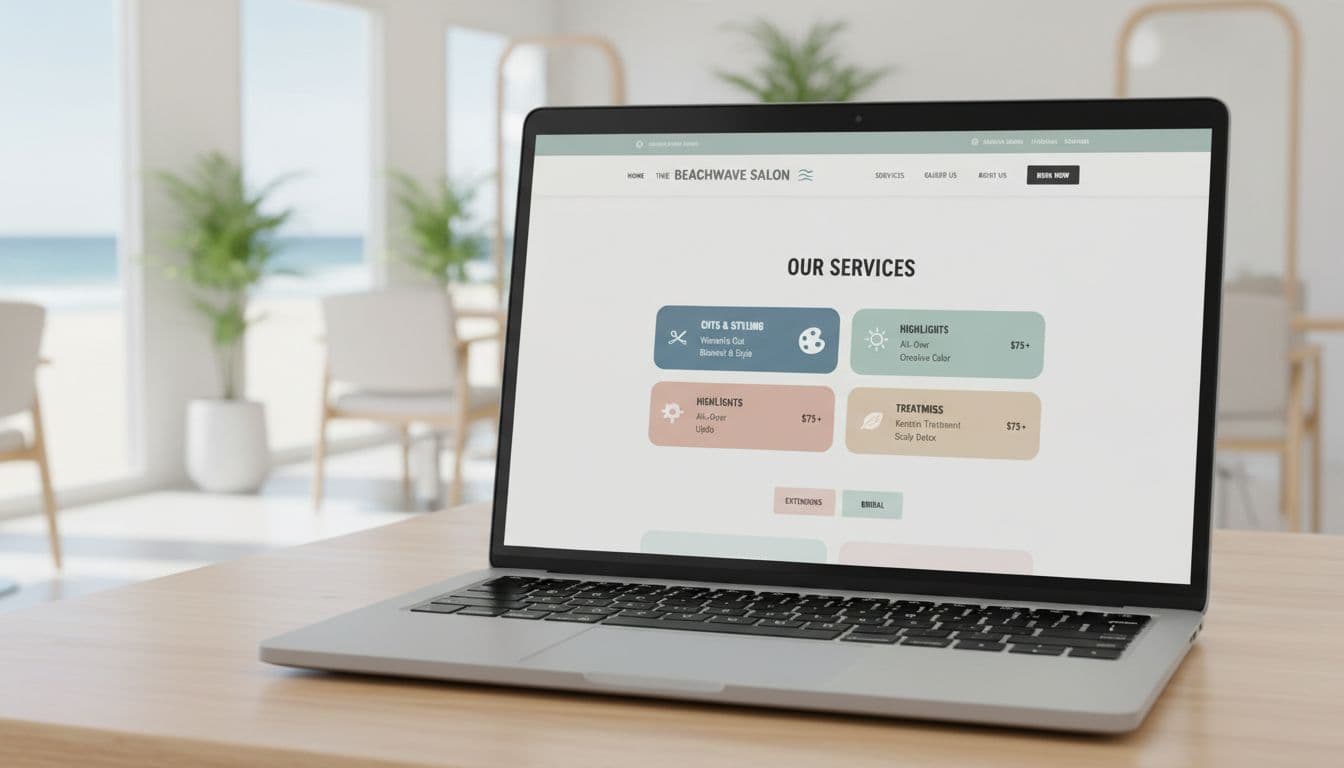 Modern hair salon website service menu on laptop