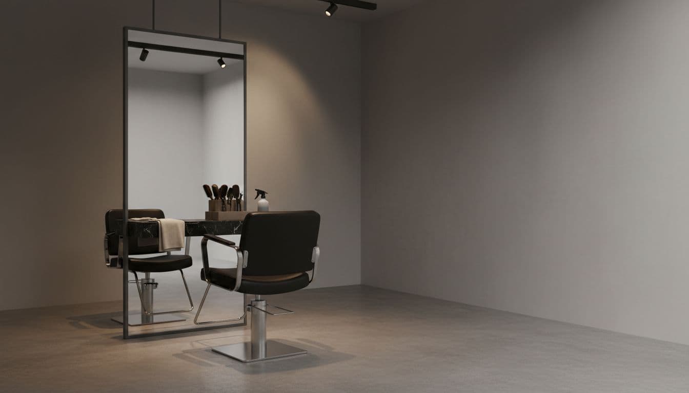 An empty modern minimalist hair salon styling station with a black leather chair facing a large mirror, taupe tray of tools on black marble counter, folded linen towel, soft warm lighting, and neutral palette in upscale editorial style.