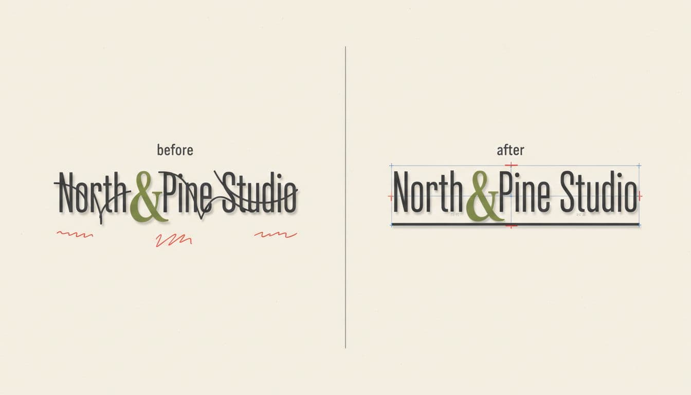 Clean, minimalist flat vector illustration on neutral background showing a before-and-after mockup of the 'North & Pine Studio' wordmark transformation, with subtle kerning marks, grid guides, and proper alignment in the polished version.