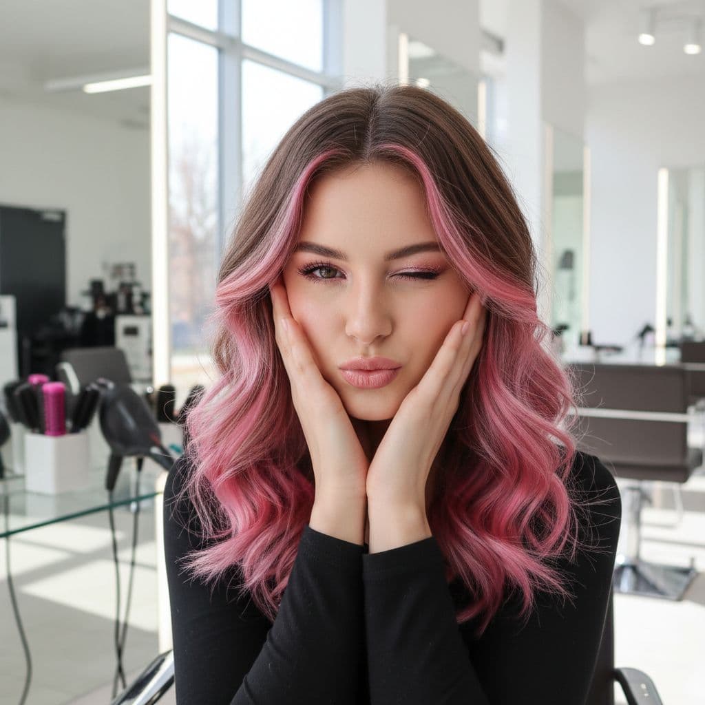 A playful young woman with vibrant pink highlights in her freshly styled hair strikes a cute pose in a modern hair salon, close-up on face and hair with blurred background tools.
