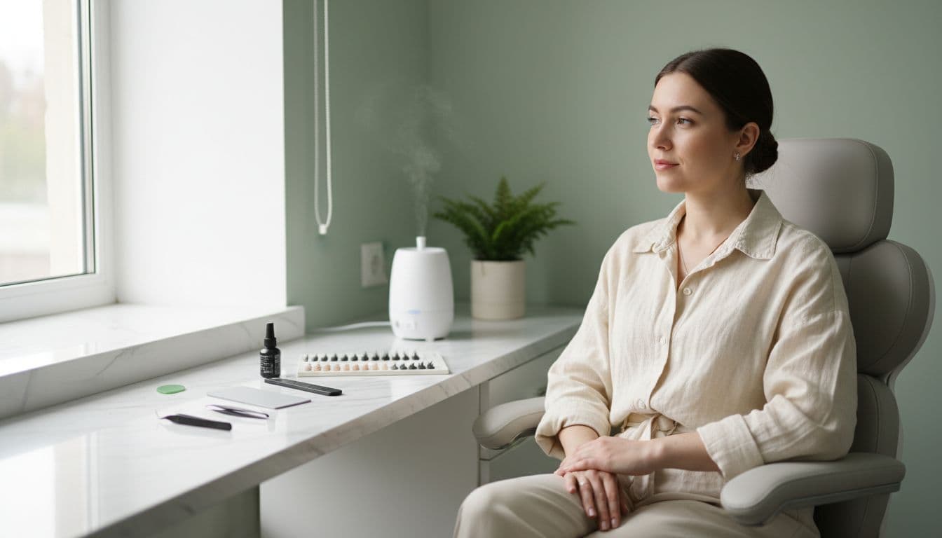Close-up of a lash artist's neatly arranged workstation in an intimate studio setup with soft natural light, minimalist decor, and a relaxed lash artist nearby, fluffy lashes sample, evoking a calming vibe.