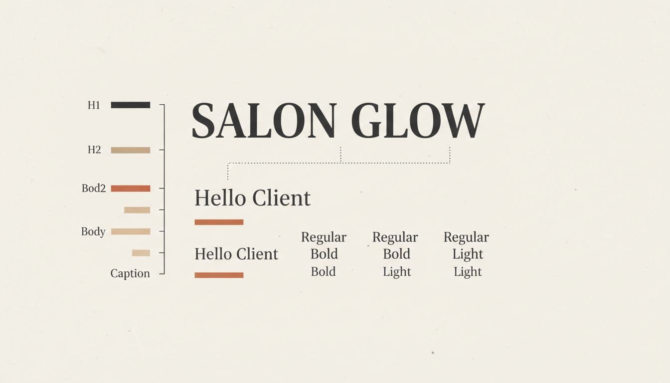 Clean minimalist flat vector illustration of a typography pairing card featuring bold serif headline font 'Salon Glow' paired with sans-serif body font 'Hello Client', including weights like bold, regular, light, and hierarchy scale bars for H1, H2, Body, Caption on a neutral background.