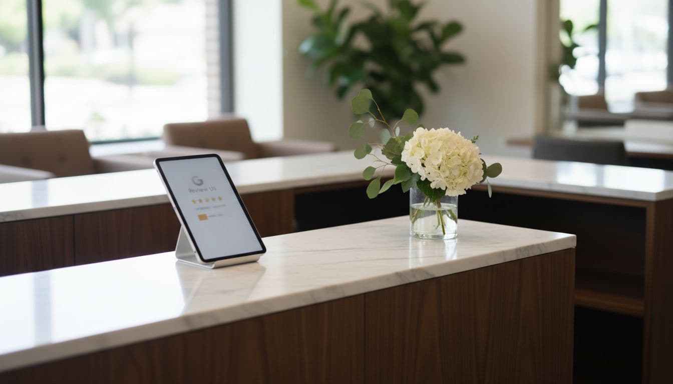 Close-up of a sleek salon reception desk with a tablet displaying a subtle Google review prompt, fresh flowers nearby, and soft natural light creating an inviting atmosphere. No people, no readable text on screen, and one tablet only.