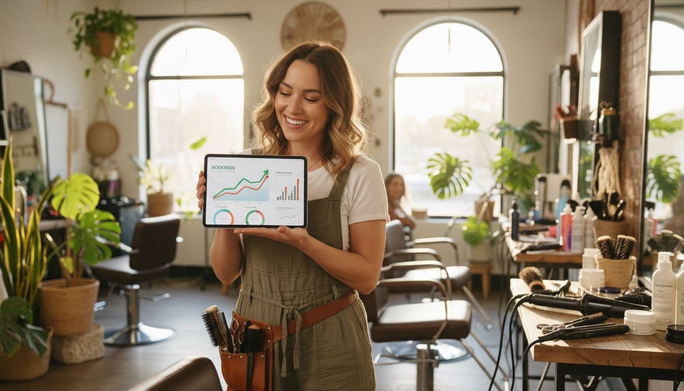 Hairstylist reviewing booking analytics on tablet