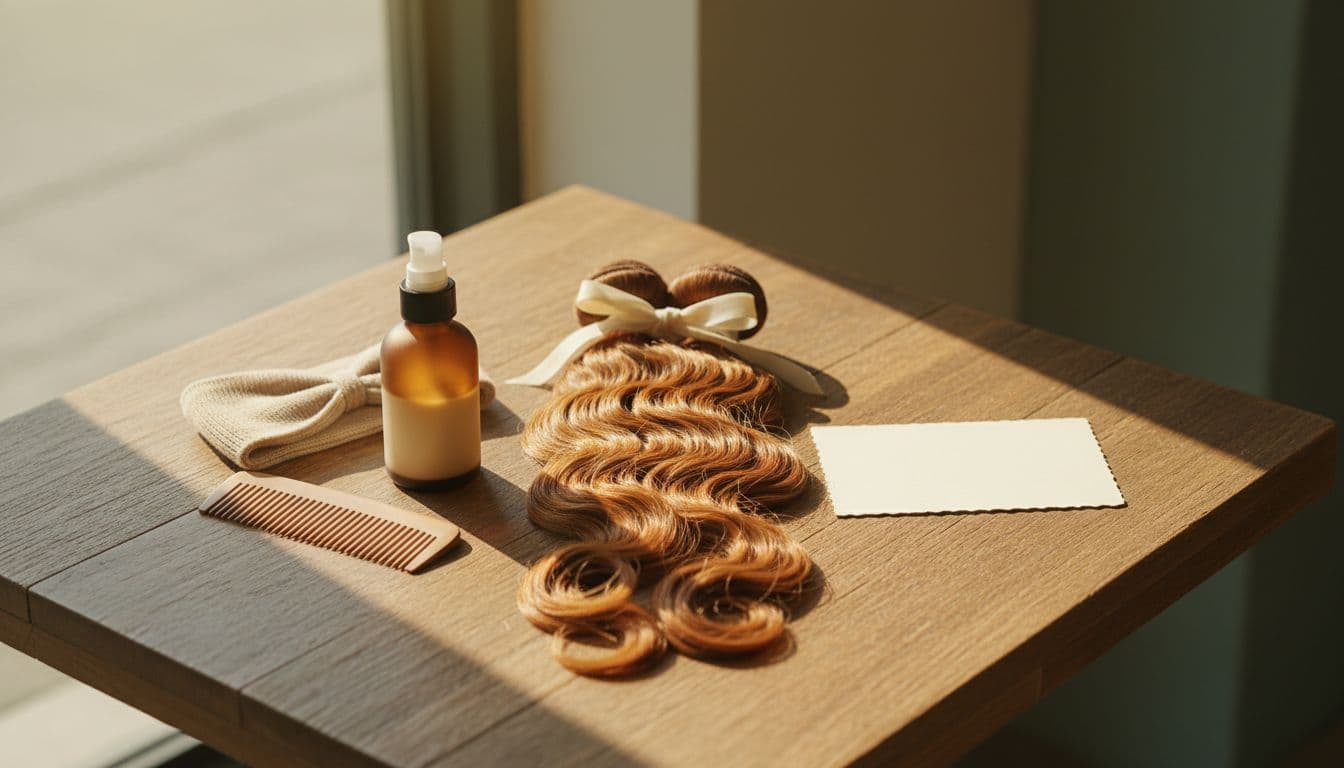 Close-up of styled hair bundles on a wooden table in a cozy salon, featuring conditioner, brush, headband, and haircut service card under soft natural light with warm tones in a clean minimalist style.
