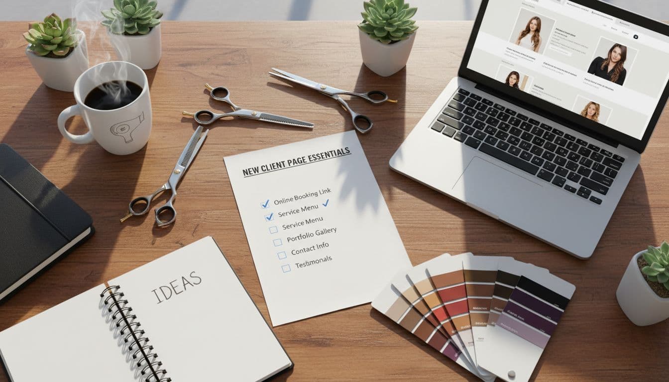 Top-down view of a stylish wooden desk in a salon office, centered with a printed new client essentials checklist, surrounded by hair styling scissors, color swatches, notebook, coffee mug, and open laptop showing a website preview.