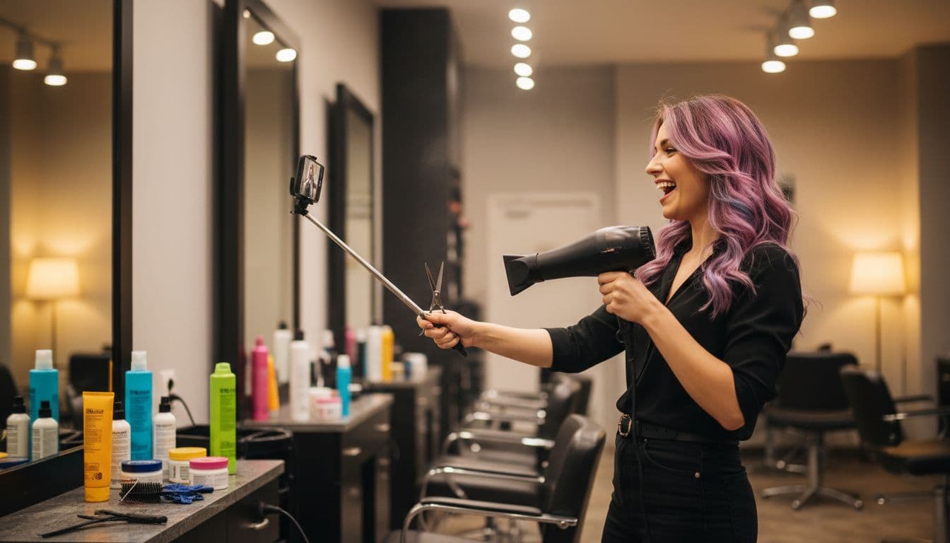 A stylist holds scissors and a blow dryer while filming herself on her phone in a vibrant salon chair setup with colorful hair products on the counter. Dynamic side-angle shot under warm lighting captures the energetic, fun atmosphere.