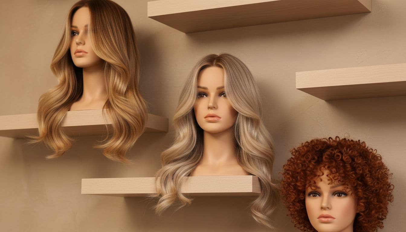 Styled mannequin heads displaying balayage highlights, lived-in color, and curly cuts on modern wooden shelves against a neutral wall, captured in high-end editorial style with soft lighting and warm tones, no people or text.