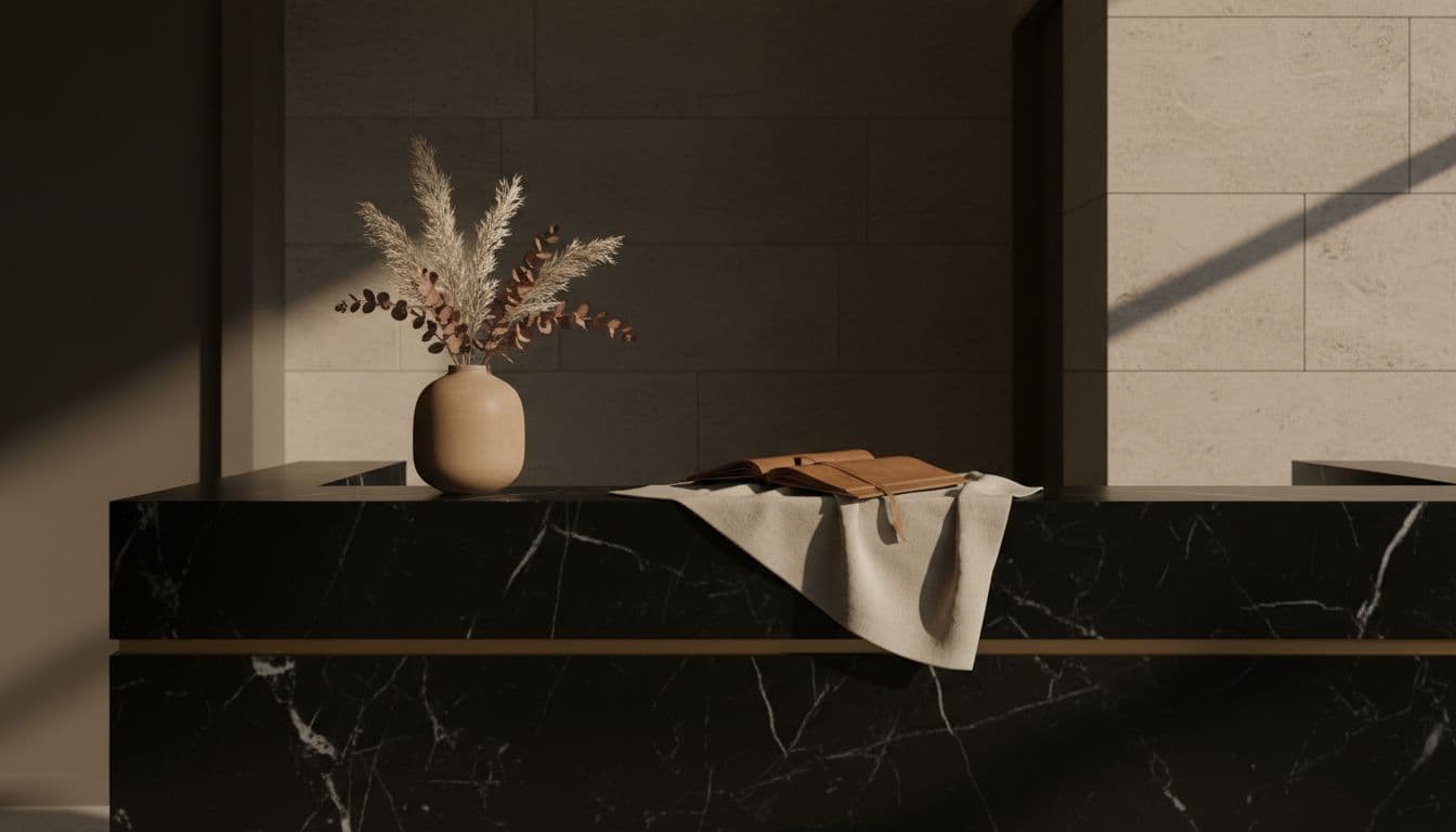 Elegant reception area in an upscale hair salon with a black marble desk accented by brushed brass, a matte ceramic vase of dried greenery, and an open leather notebook on linen. Soft warm side lighting casts calm shadows in a neutral palette of black, taupe, stone, cream, and muted beige, captured in moody editorial style with clean composition and negative space.