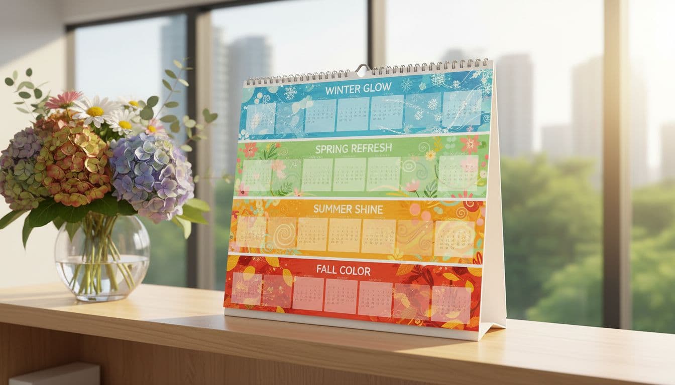 A vibrant wall calendar for a hair salon marked with colorful seasonal promo themes like winter glow, spring refresh, summer shine, and fall color, open on a desk in a sunny salon reception area with fresh flowers nearby. Features natural daylight lighting in a playful and inviting style, with one calendar only and no text, people, watermarks, or logos.