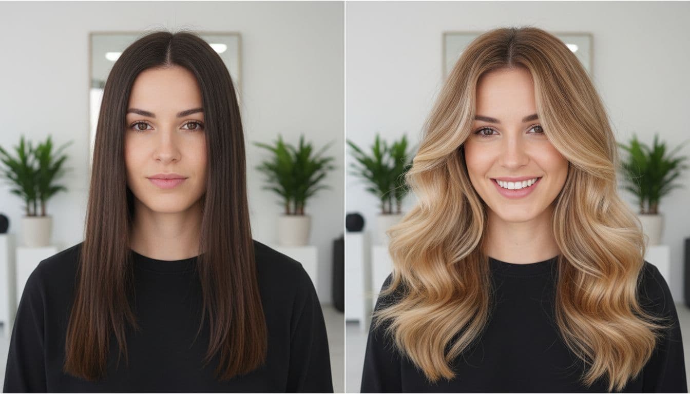 Split image of a woman's hair transformation: left side dull straight hair, right side voluminous wavy balayage, same woman smiling confidently in a clean salon background.