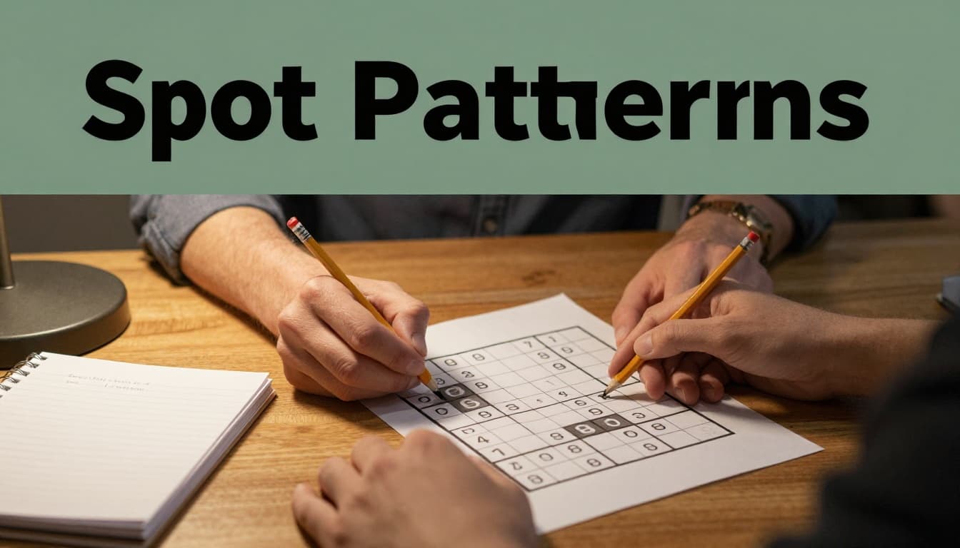 Focused adult solving a simple Sudoku puzzle on paper at a wooden desk with pencil in hand, notebook aside, under warm desk lamp in realistic photo style with muted earth tones. Bold 'Spot Patterns' headline in Title Case geometric sans-serif on muted dark-green band.