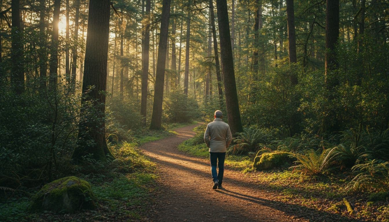 A solitary person walks relaxed with hands in pockets along a serene forest path knowing how to control your emotions