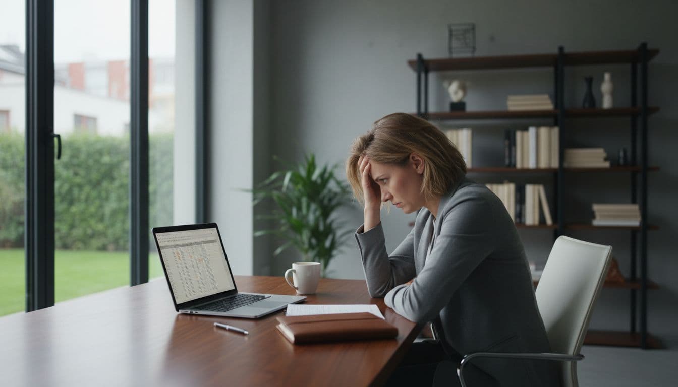 High-achieving entrepreneur sits at a sleek desk in a modern home office with laptop and notebook, looking overwhelmed with furrowed brow and head in hand, natural daylight illuminating the scene.