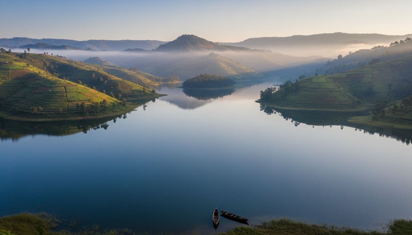 Serene Lake Bunyonyi in Uganda surrounded by steep terraced green hills and misty islands, with calm deep blue water reflecting morning light and a traditional dugout canoe floating peacefully near the shore amid soft fog in the valleys.