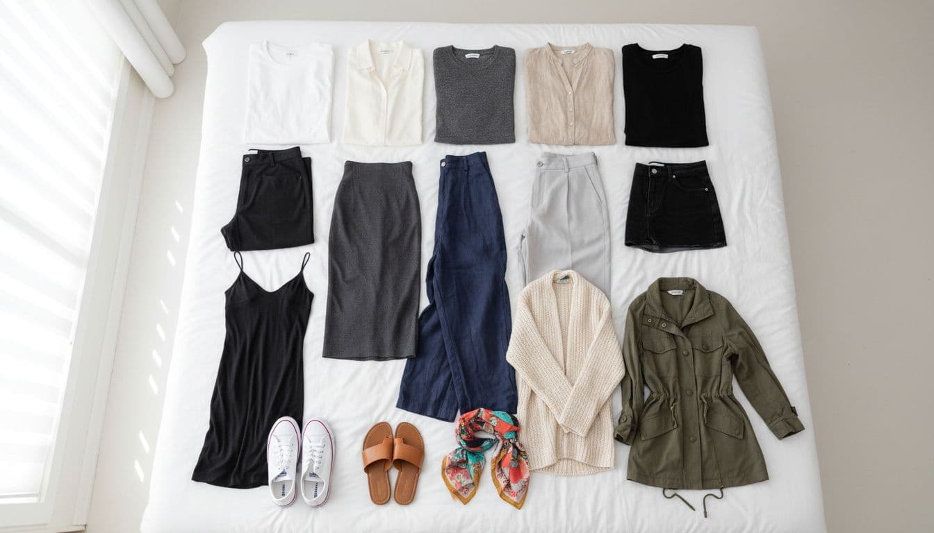 Flat lay capsule wardrobe on a white bed featuring exactly 5 neutral tops, 4 bottoms in black and gray, 3 versatile pieces, 2 pairs of shoes, 1 packable jacket, and 1 colorful scarf, neatly arranged in a grid with bright natural light in clean product photography style.