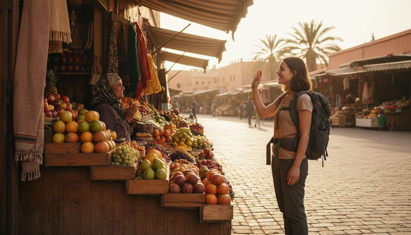 A solo traveler smiles and waves to a local vendor at a vibrant outdoor market in a foreign country under warm sunlight, realistic photo with exactly two people in landscape composition.