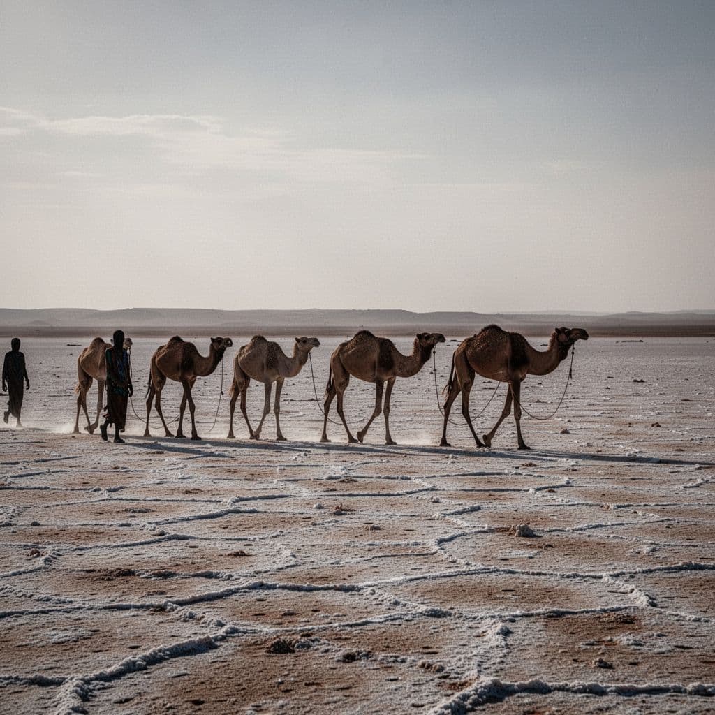 A line of camels traverses the wide, sun-scorched expanse of the Danakil Depression salt flats.