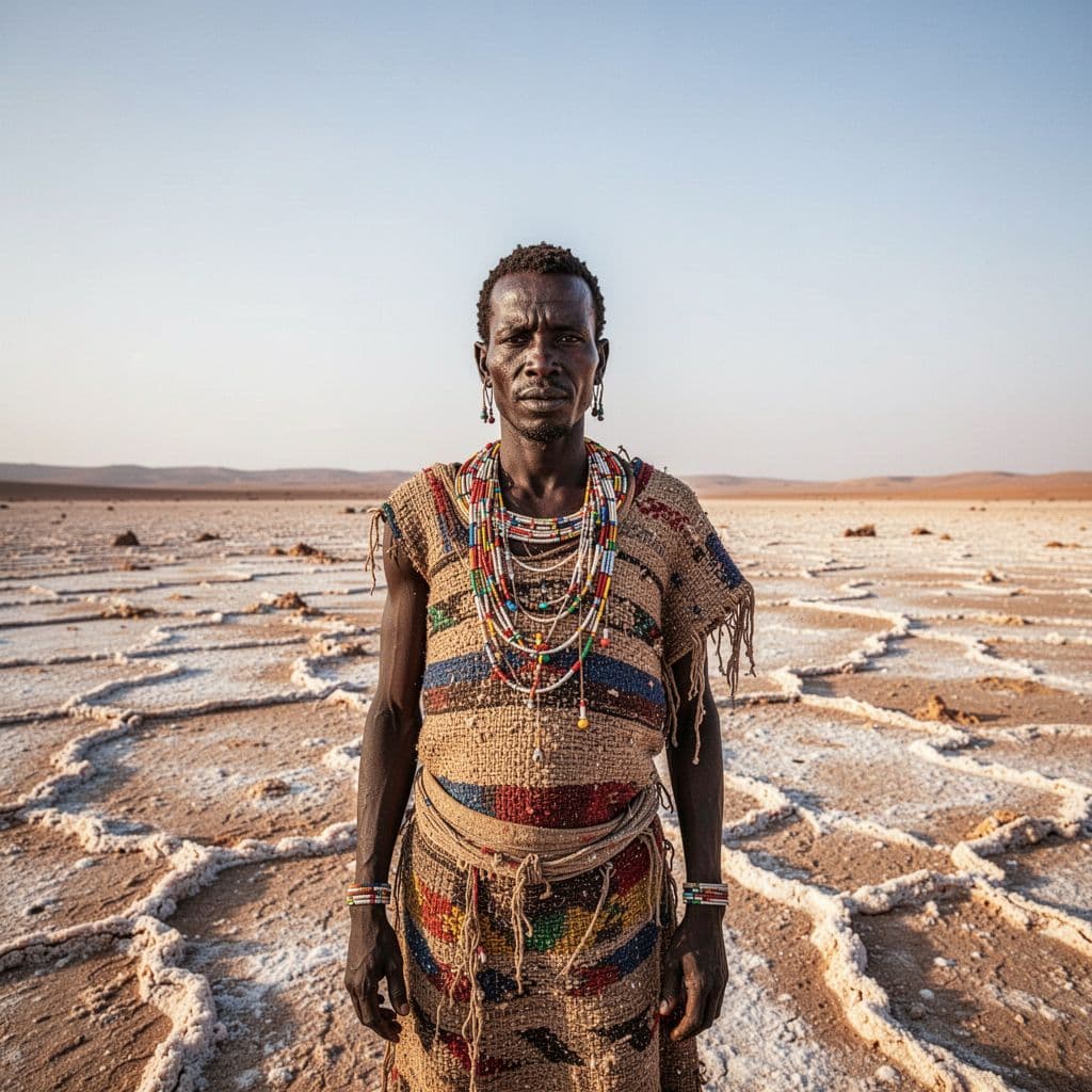 An Afar man wearing traditional clothing stands within the expansive, salt-crusted landscape of the Danakil desert.