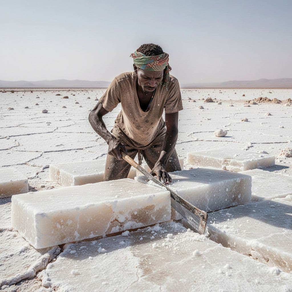 An Afar laborer cuts rectangular salt blocks from the sun-baked, cracked surface of the Danakil Depression.