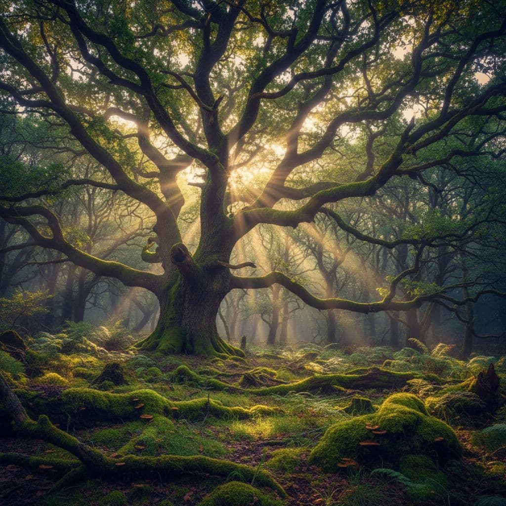 Tall ancient oak stands in foreground of dense green forest at sunrise, light filtering through canopy to mossy floor.