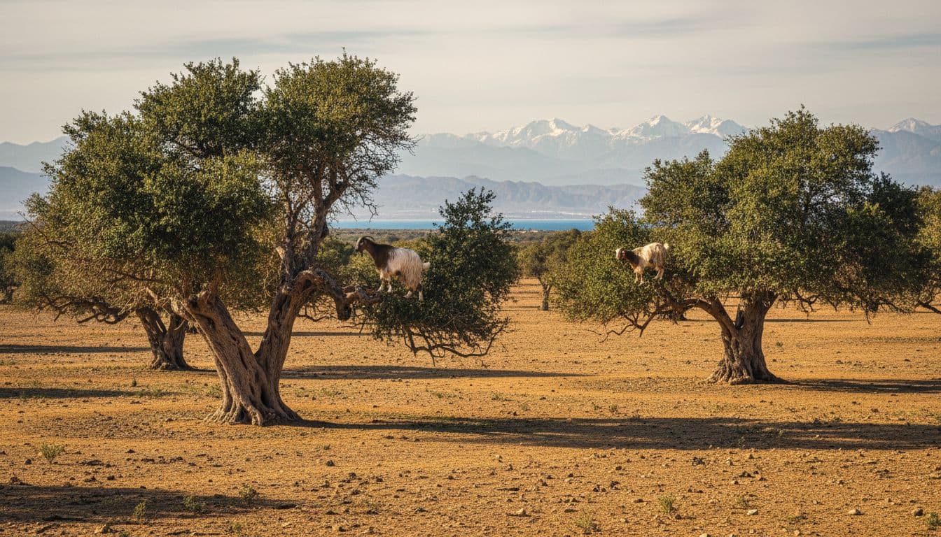 Gnarled argan trees on dry golden soil, two goats nibbling branches, distant Atlas Mountains.