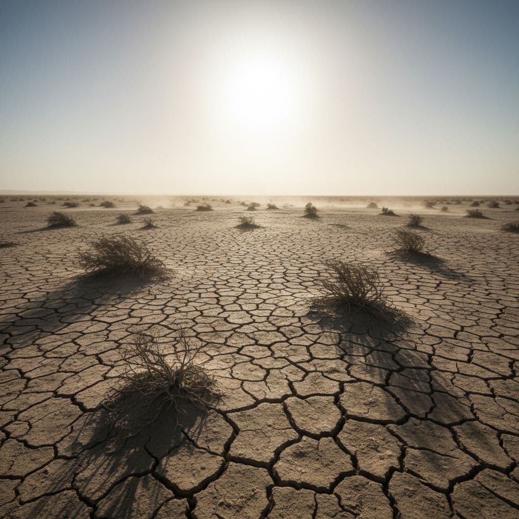Wide arid landscape with dry cracked earth, sparse scrub, and wind-sculpted ground under glaring sun.