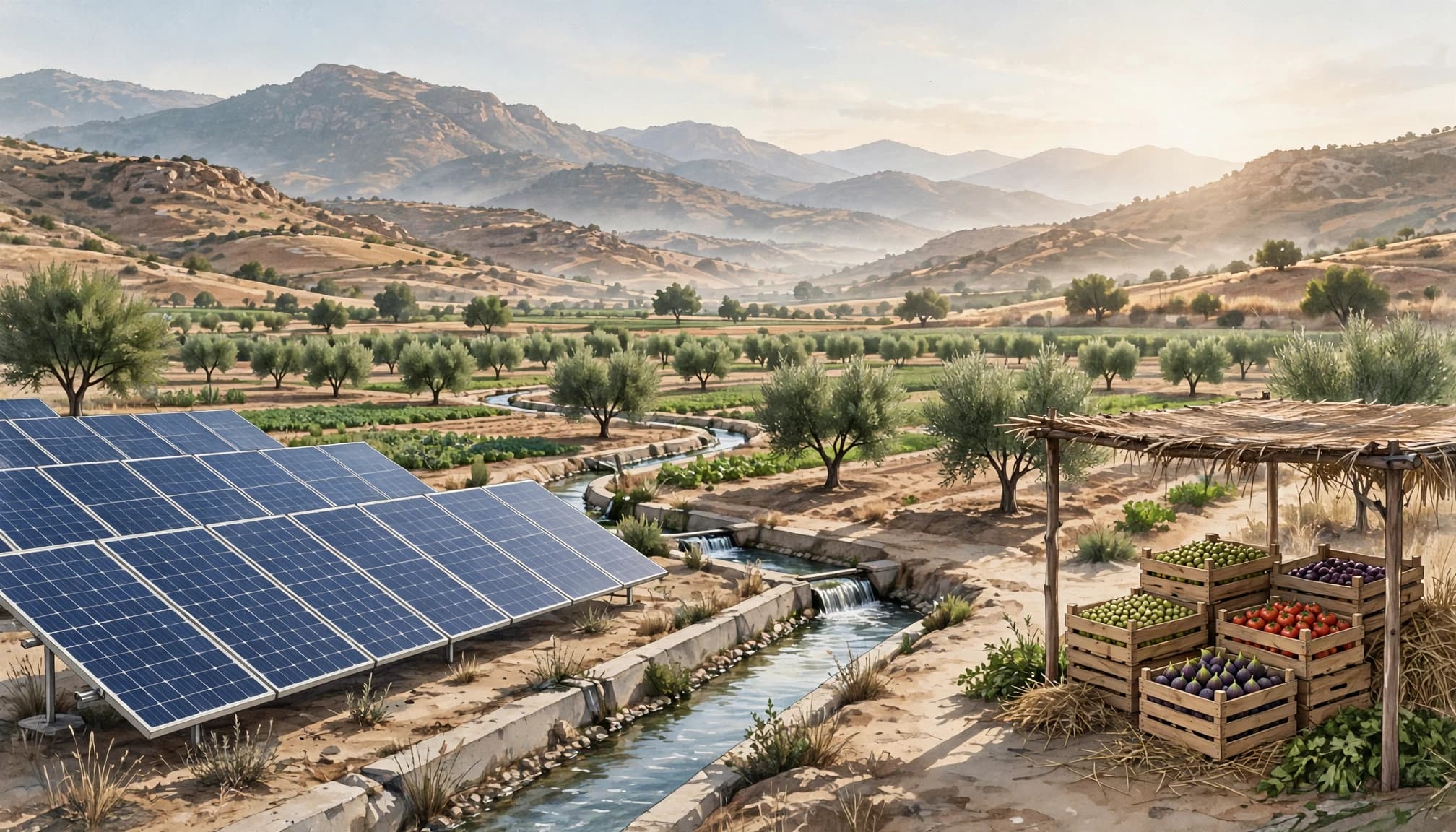 Solar panels, an irrigation channel, and shaded produce crates sit among fields near dry mountain foothills.