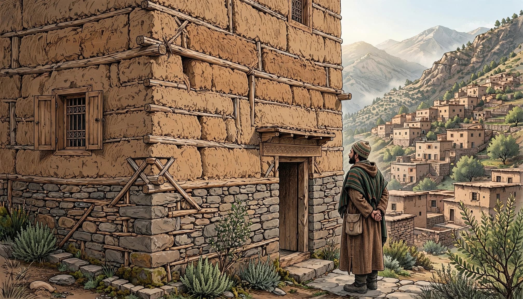One craftsperson inspects the stone-and-earth facade of a mountain home.