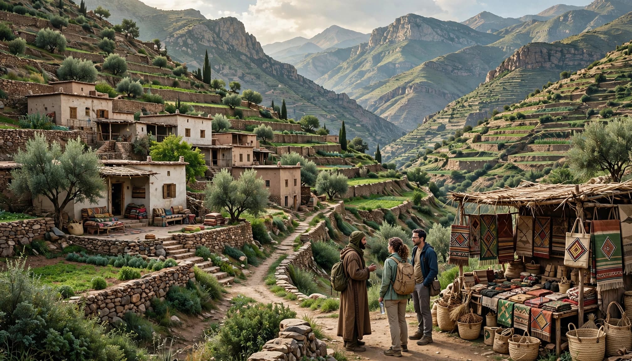 A guide talks with two visitors near a craft stall in a terraced mountain village.