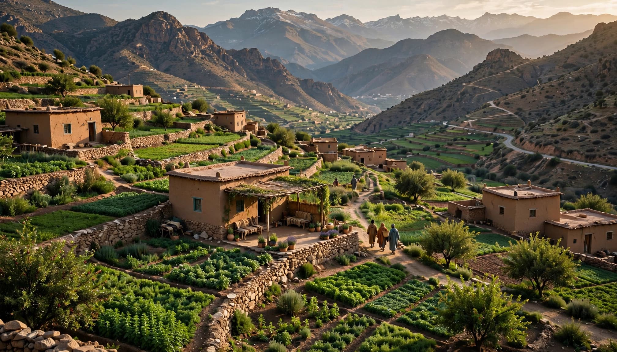 Three residents are seen near repaired homes and green terraces beneath the Atlas mountains.