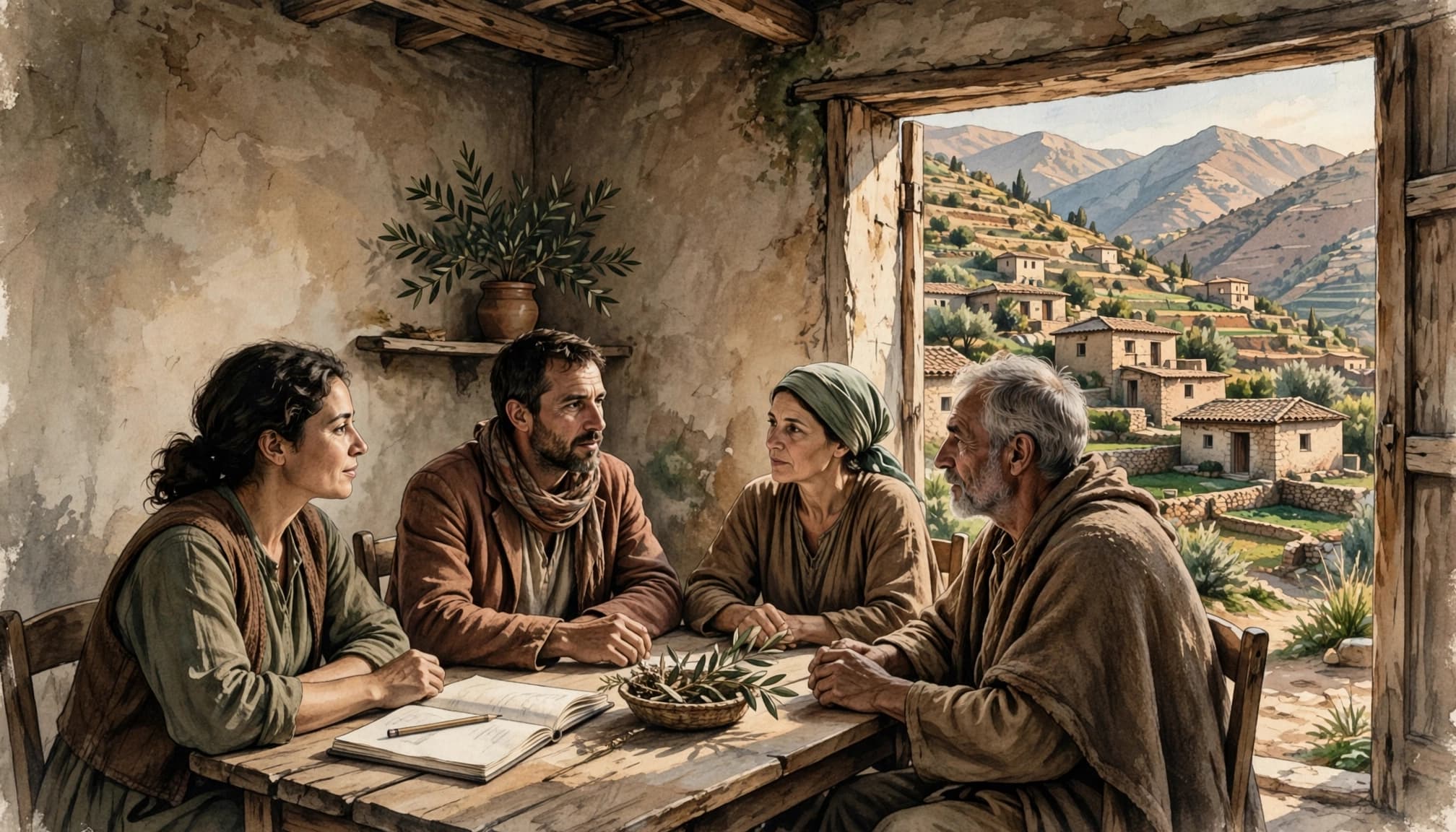 Four residents meet around a table, with mountain terraces visible through the doorway.