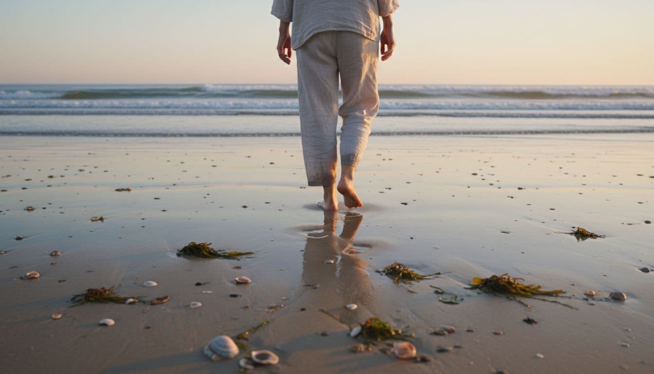 Person walks barefoot from behind on wet sand beach at dawn amid shells, seaweed, and distant waves.