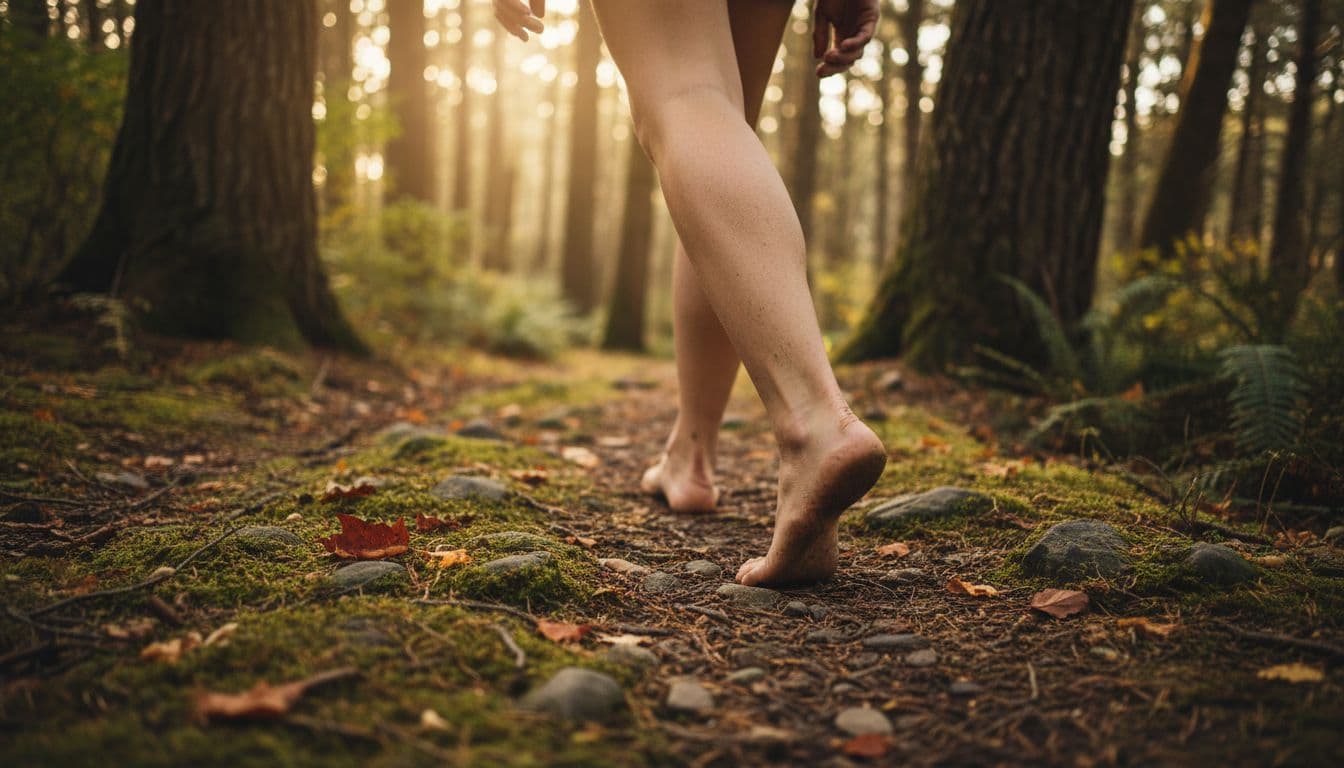 Person walks barefoot on forest path with moss, leaves, dirt, and pebbles, feet interacting with ground amid trees.