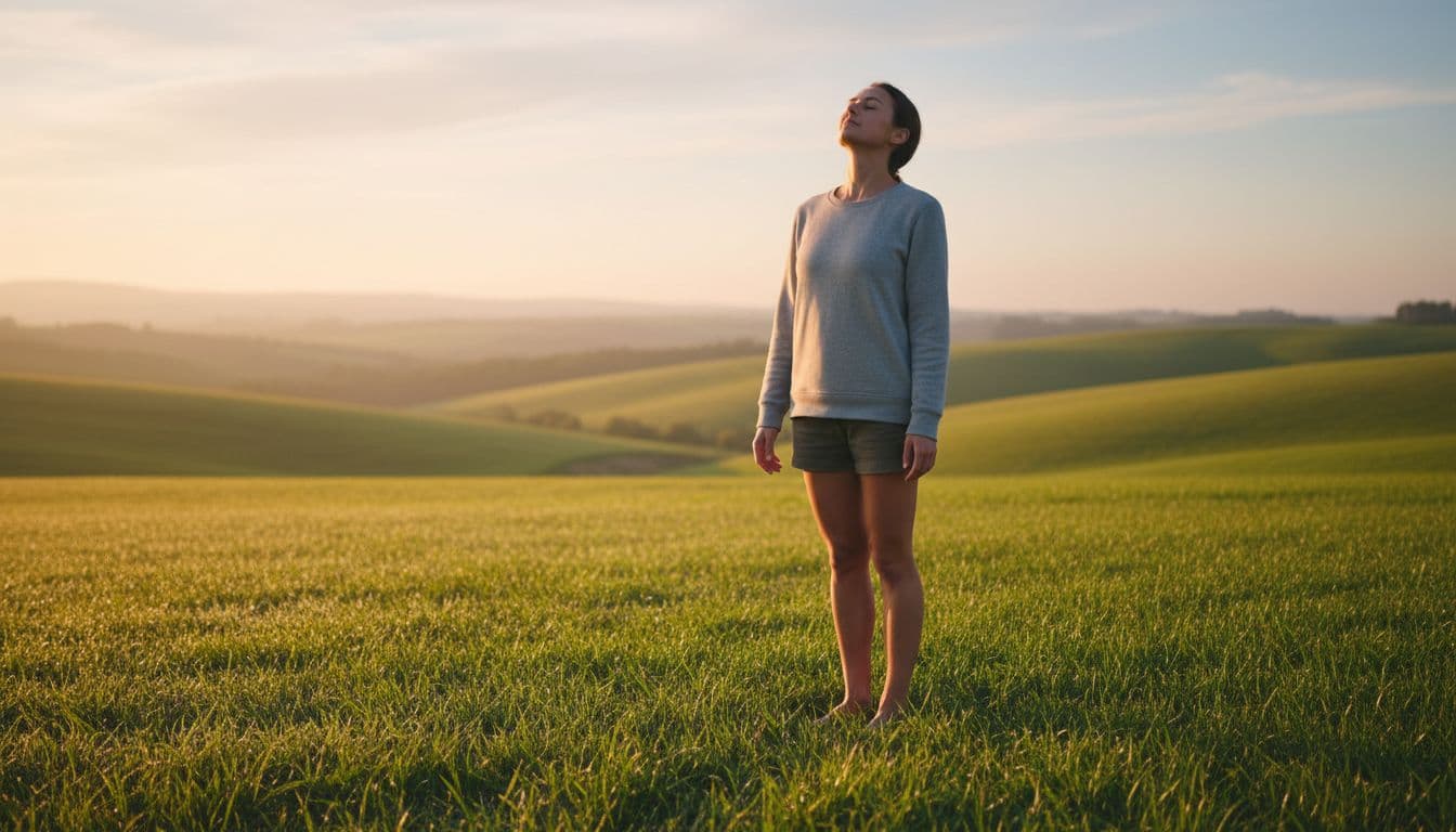 Person stands barefoot on green grass field at sunrise, relaxed pose amid gentle hills and soft light.